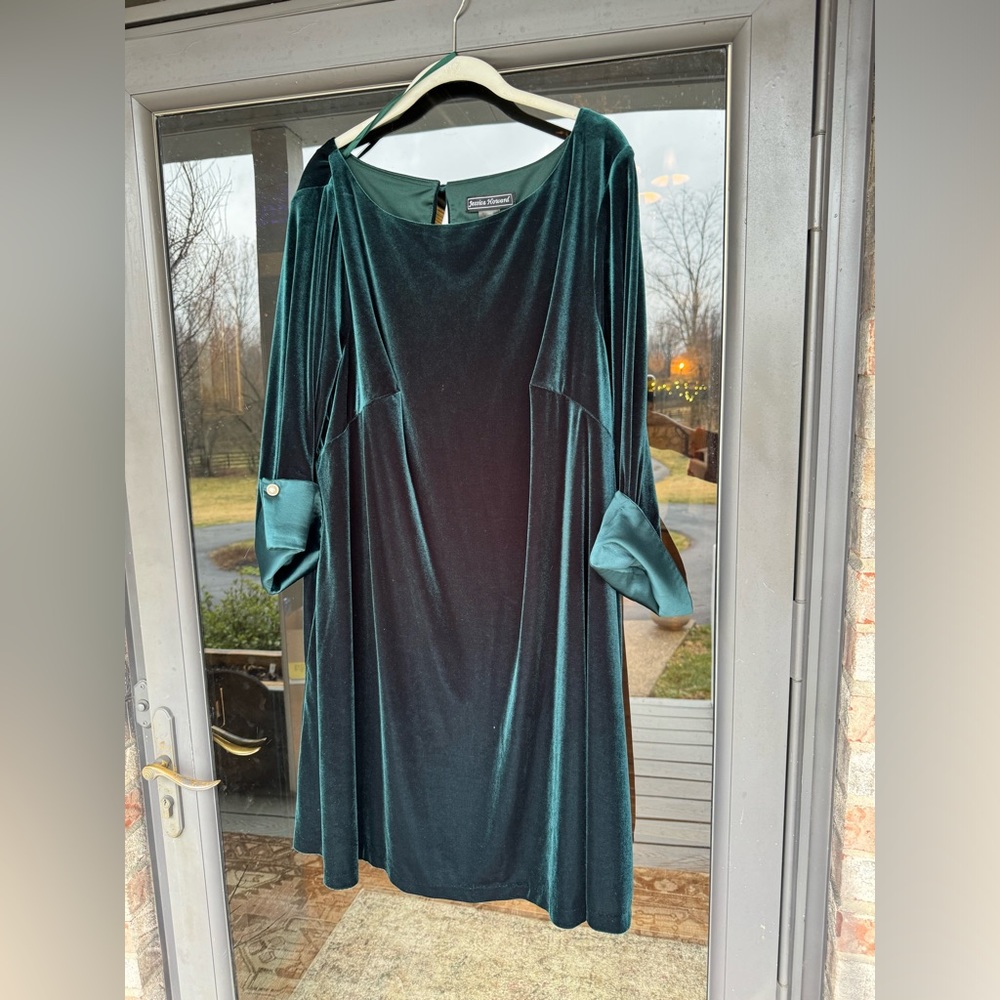 Green velvet shift dress pearl buttons